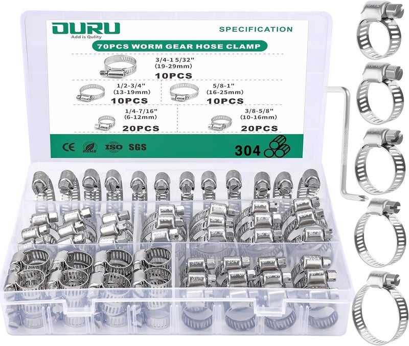 ORU 70PCS Hose Clamps Stainless Steel Assortment Adjustable 1/4"-1-5/32"(6-29mm) Worm Gear Hose Clamp, Heavy Duty Metal Small Hose Clamps for Automotive, Pipe, Radiator Plumbing, Fuel Line - Image 1